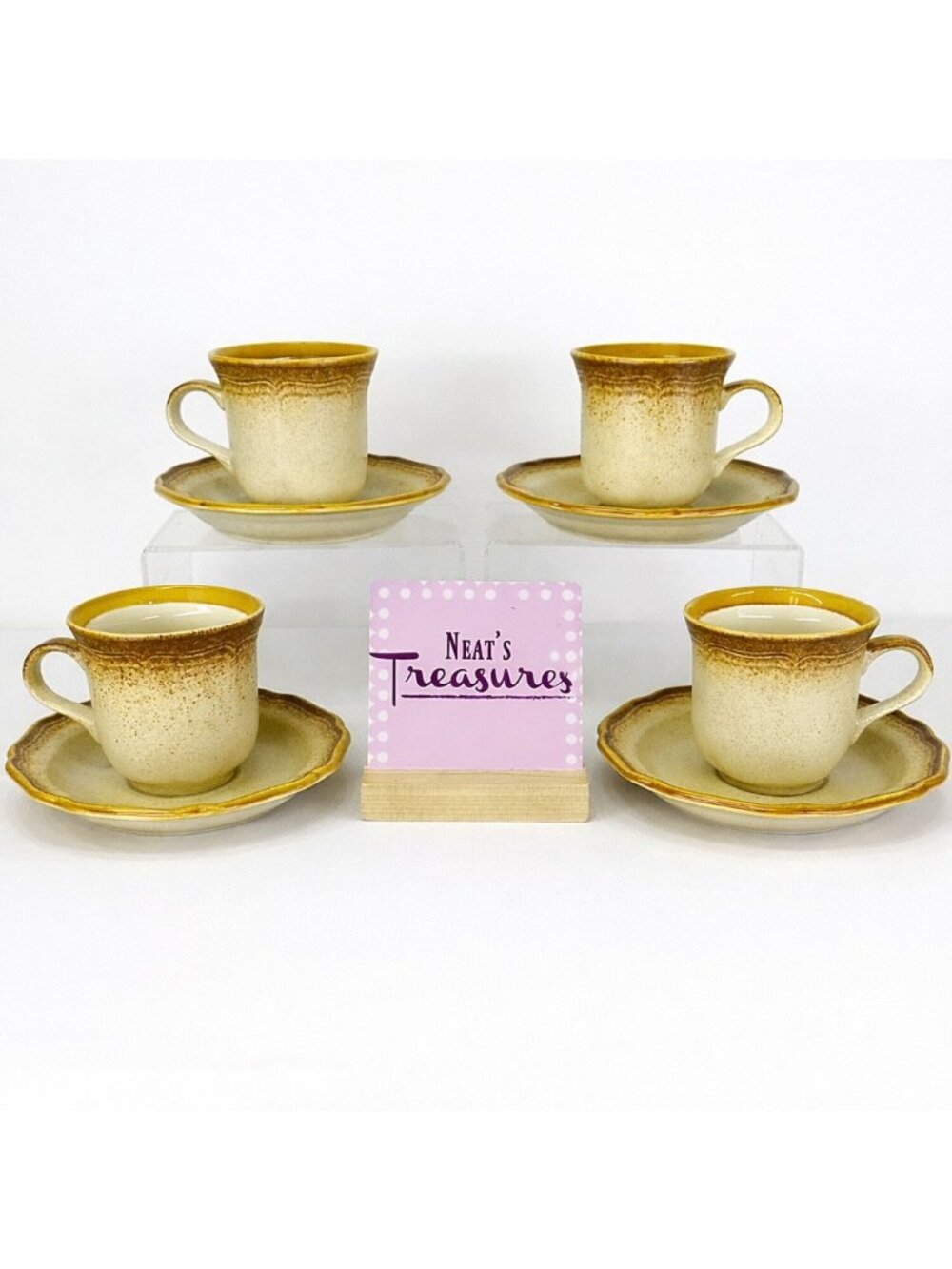 80's Mikasa WHOLE WHEAT  Cream Center Brown Edge Stoneware Cups & Saucers Set 4